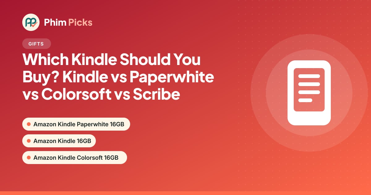 Phim Picks title graphic: Which Kindle Should You Buy? Kindle vs Paperwhite vs Colorsoft vs Scribe