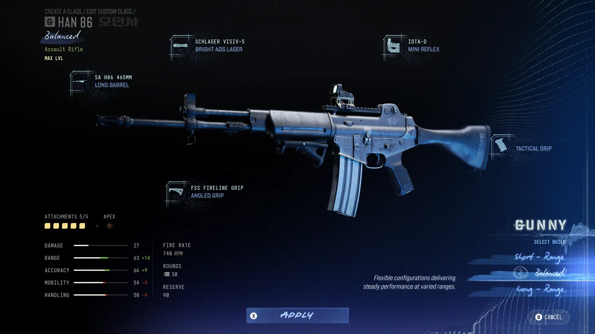 Han 86 with a Gunny Balanced build, showing five equipped attachments and updated weapon stats