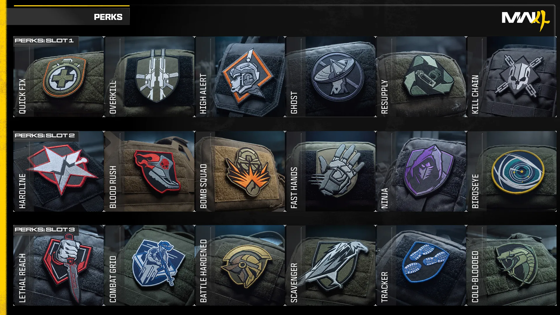 Activision chart of the 18 Multiplayer perks in three slots, including Quick Fix, Ninja and Tracker