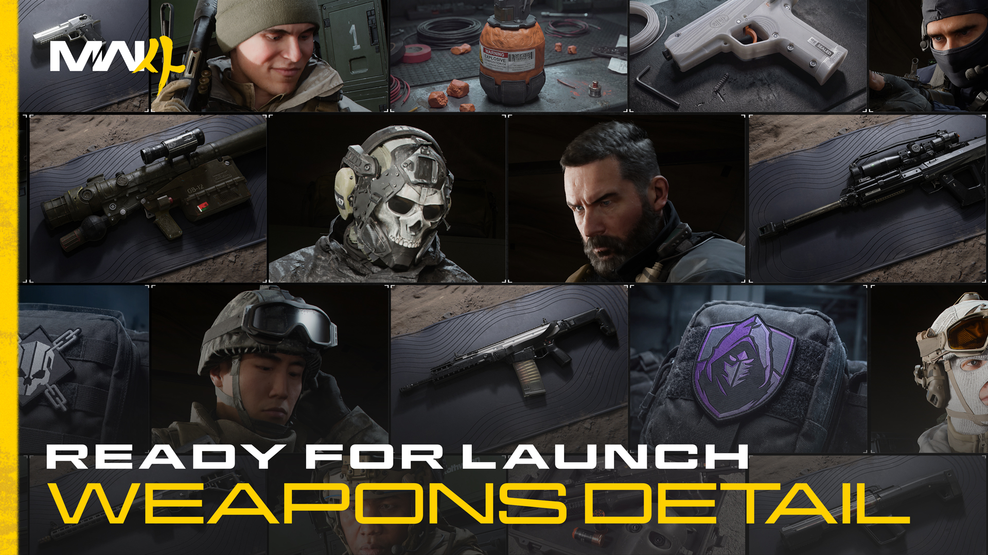 Modern Warfare 4 collage of weapons, equipment and Operators with the headline Ready for Launch: Weapons Detail