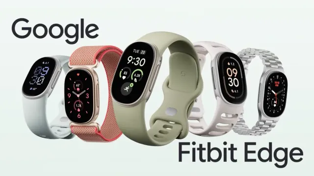 Five Google Fitbit Edge trackers with screens on, in different case finishes and bands, beside the words 'Google Fitbit Edge'