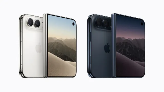 iPhone Duo in star white and night sky, each shown closed from the back (dual rear cameras) and from the front (outer display)