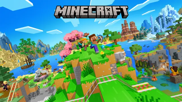 Minecraft key art with Steve and Alex in a blocky landscape of cherry blossom trees and water under the Minecraft logo