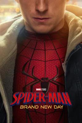 Theatrical poster for Spider-Man: Brand New Day: Peter Parker, face cropped just below the eyes, opening a jacket to show the red Spider-Man suit, above the film's title