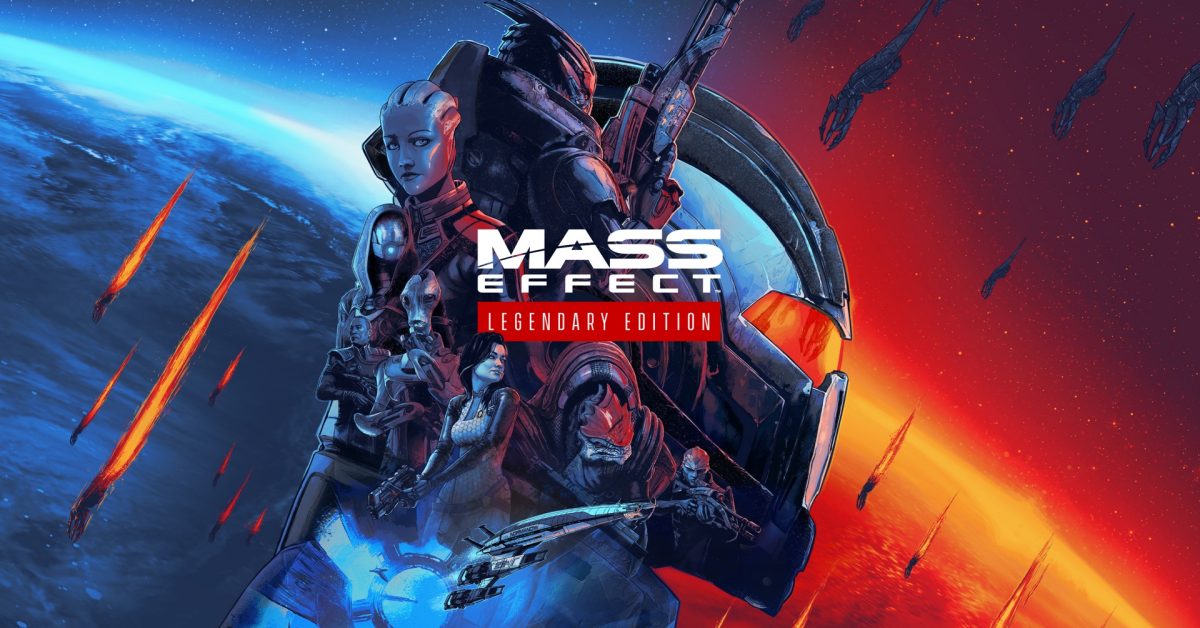 Mass Effect Legendary Edition key art: Commander Shepard's squad, including Liara, Garrus, Tali and Wrex, in front of a planet, with the Mass Effect Legendary Edition logo