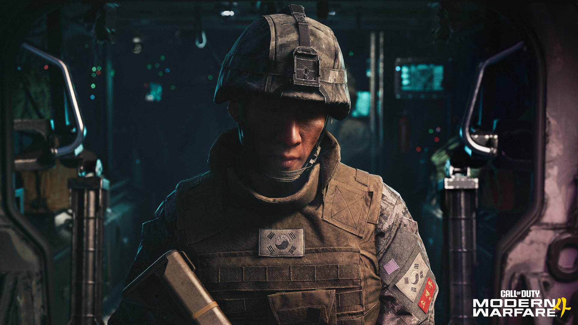 Official Call of Duty: Modern Warfare 4 art: a South Korean soldier in a helmet and body armor stands in a dim military transport, with the Modern Warfare 4 logo in the lower right