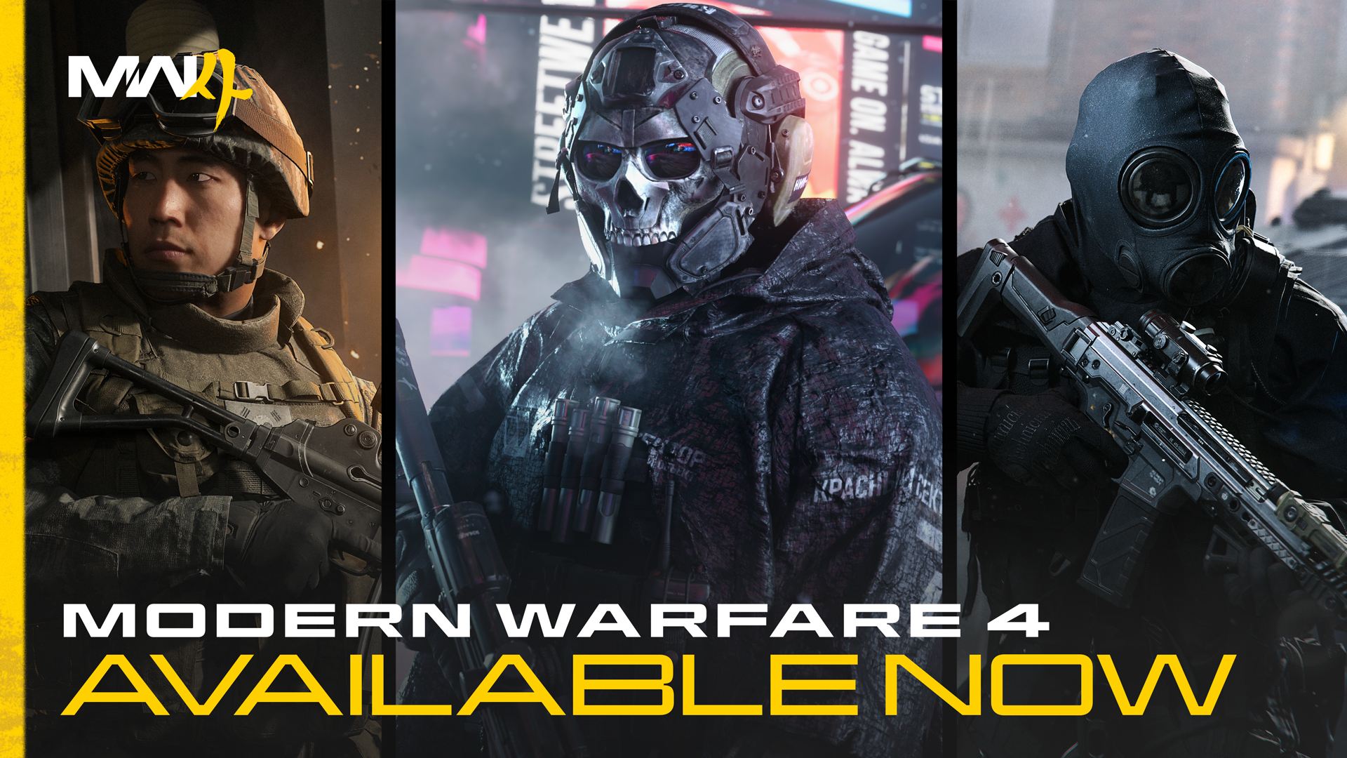 Official Modern Warfare 4 launch art showing three operators, including Ghost in a skull mask, under the words Modern Warfare 4 Available Now