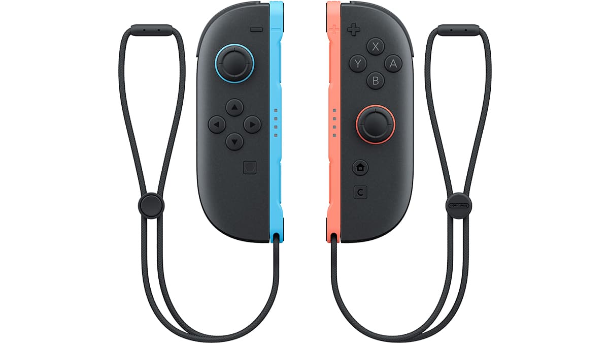 Nintendo Joy-Con 2 controllers in Light Blue and Light Red, with straps
