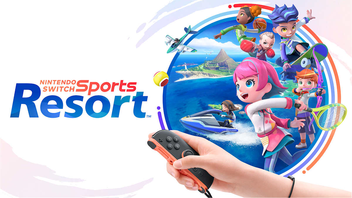 Official Nintendo Switch Sports Resort key art: the game's logo beside a circle showing Wuhu Island, with characters playing tennis, archery, boxing and basketball, skateboarding, riding a jet ski and flying a prop plane, and a hand holding a Joy-Con 2 in front