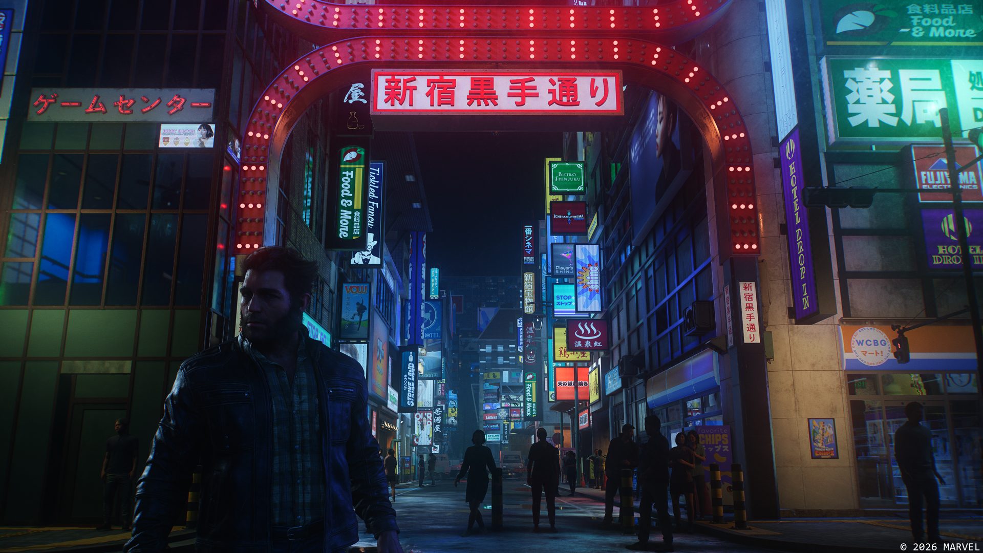 Official Marvel's Wolverine image: Logan walks through a neon-lit Shinjuku street at night under a red arch sign, with crowds and shop signs behind him