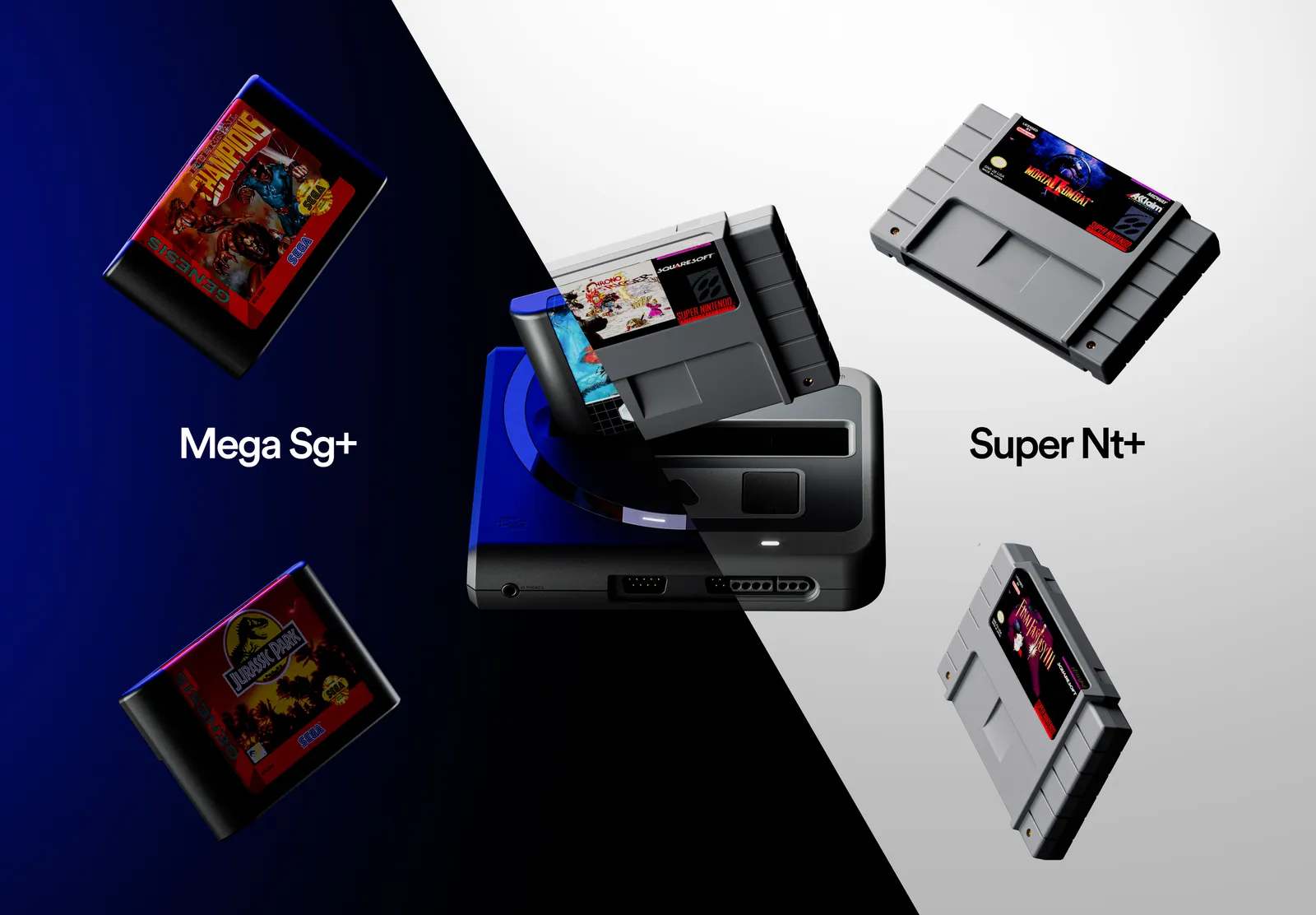 Analogue Super Nt+ and Mega Sg+ consoles side by side, each with a cartridge inserted and labeled, surrounded by floating SNES and Genesis cartridges