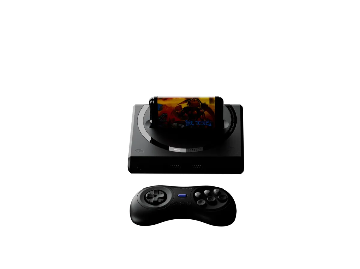 Analogue Mega Sg+ with a Genesis cartridge inserted, next to an 8BitDo M30 wireless controller, which is sold separately