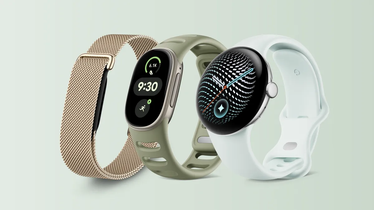 Google's lineup, left to right: the screenless Fitbit Air on a gold mesh band, the Fitbit Edge with its screen showing 9:30 and activity stats, and the round Pixel Watch 5
