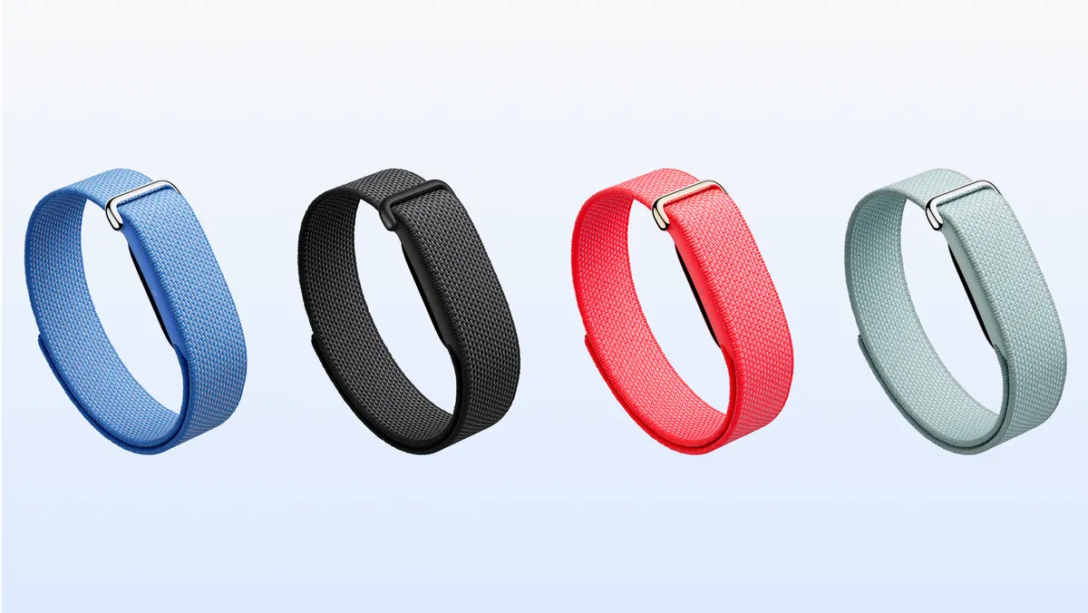 Four Fitbit Air Performance Loop bands in blue, black, red and pale green