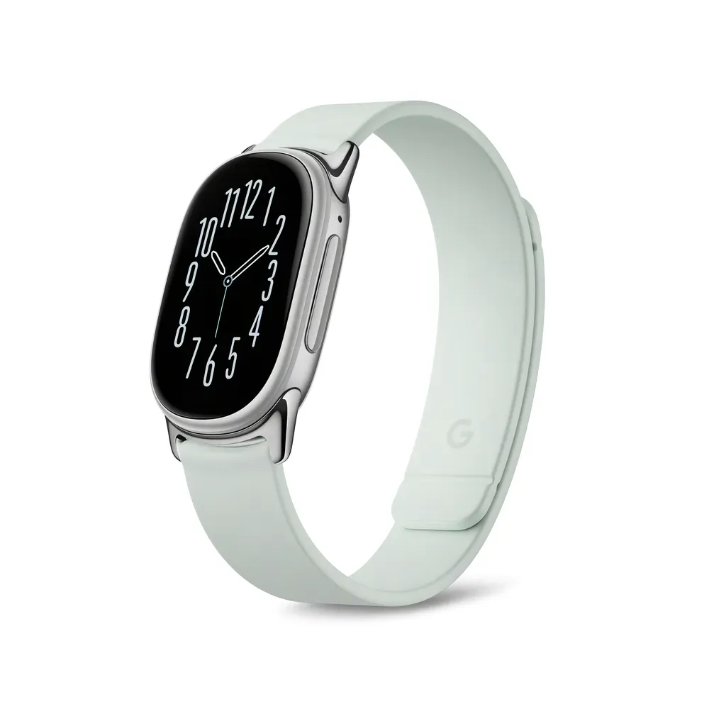 Fitbit Edge in Fog (polished silver case) on a pale green Magnet band