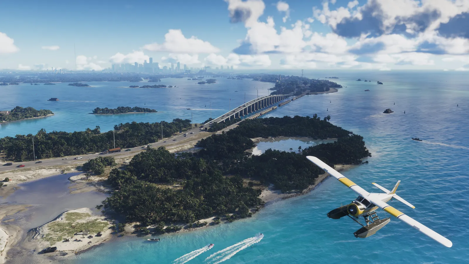 Official Grand Theft Auto VI screenshot: a yellow-and-white seaplane flying over the green islands, bridge and turquoise water of the Leonida Keys, with the Vice City skyline on the horizon