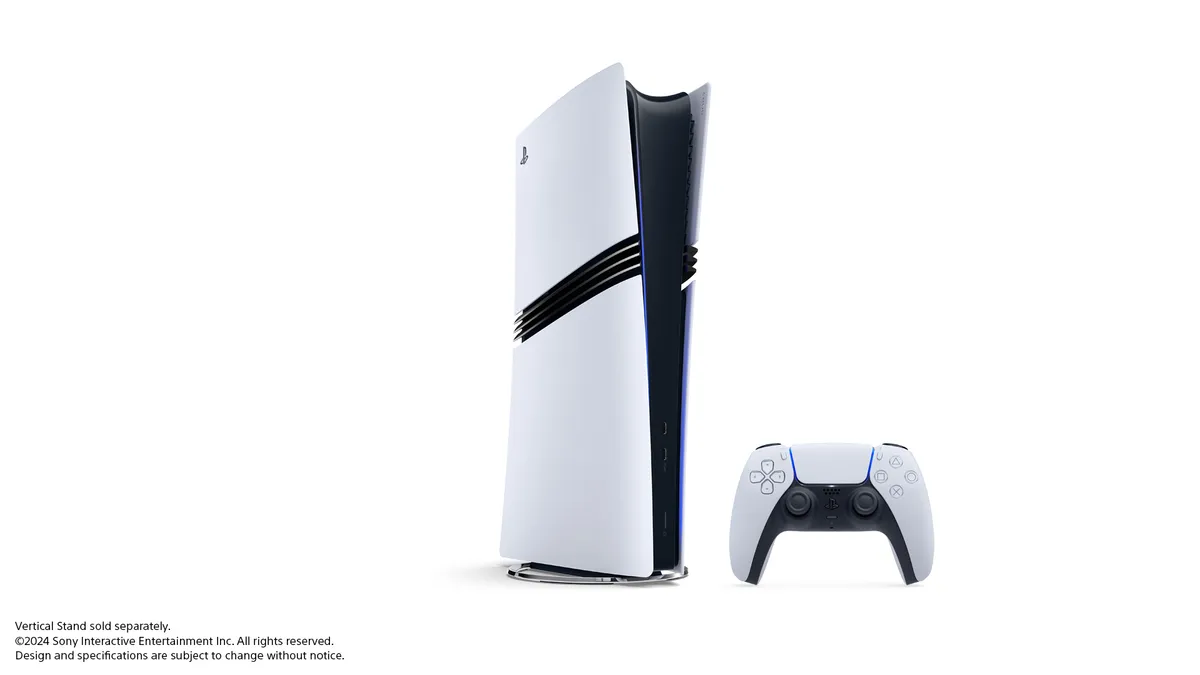 PlayStation 5 Pro console standing upright on its vertical stand next to a white DualSense wireless controller