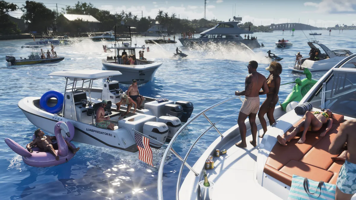 Official Grand Theft Auto VI screenshot: a busy Leonida Keys boat party, with people relaxing on center-console boats, an inflatable flamingo and jet skis on bright blue water