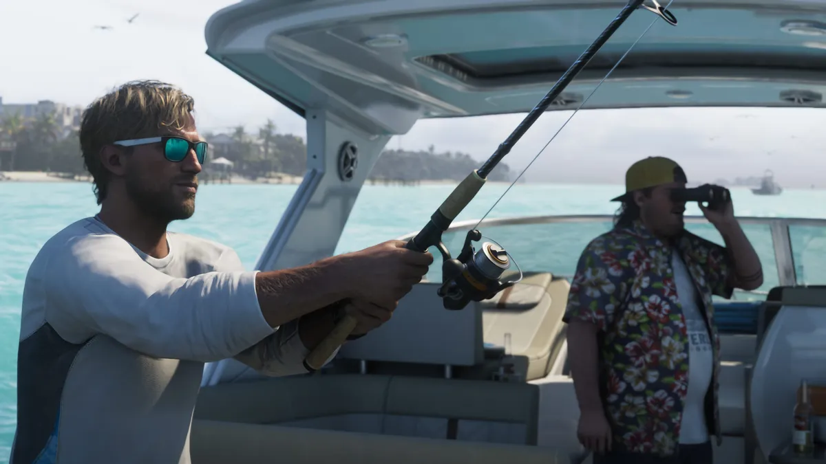 Official Grand Theft Auto VI screenshot: Jason in teal sunglasses reeling in a fishing rod on a boat, while a man in a floral shirt looks through binoculars at the turquoise water