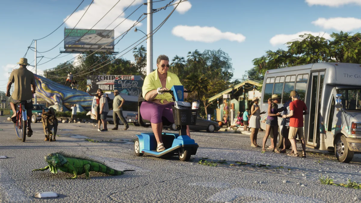 Official Grand Theft Auto VI screenshot: a sunny Leonida Keys roadside with a green iguana, a woman on a mobility scooter, a bicycle rider and a shuttle bus
