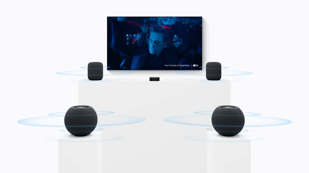 Apple's home theater setup: a TV with Apple TV 4K, two HomePod (2nd generation) speakers in front and two HomePod mini 2 speakers at the rear