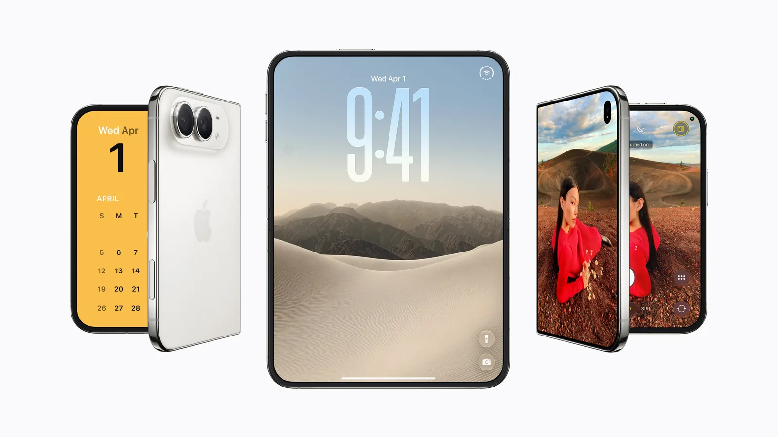 Three iPhone Duo phones on a white background: a folded star white Duo showing its dual rear cameras and a calendar on the outer display, a fully opened Duo showing the 9:41 Lock Screen, and a folded Duo using the camera