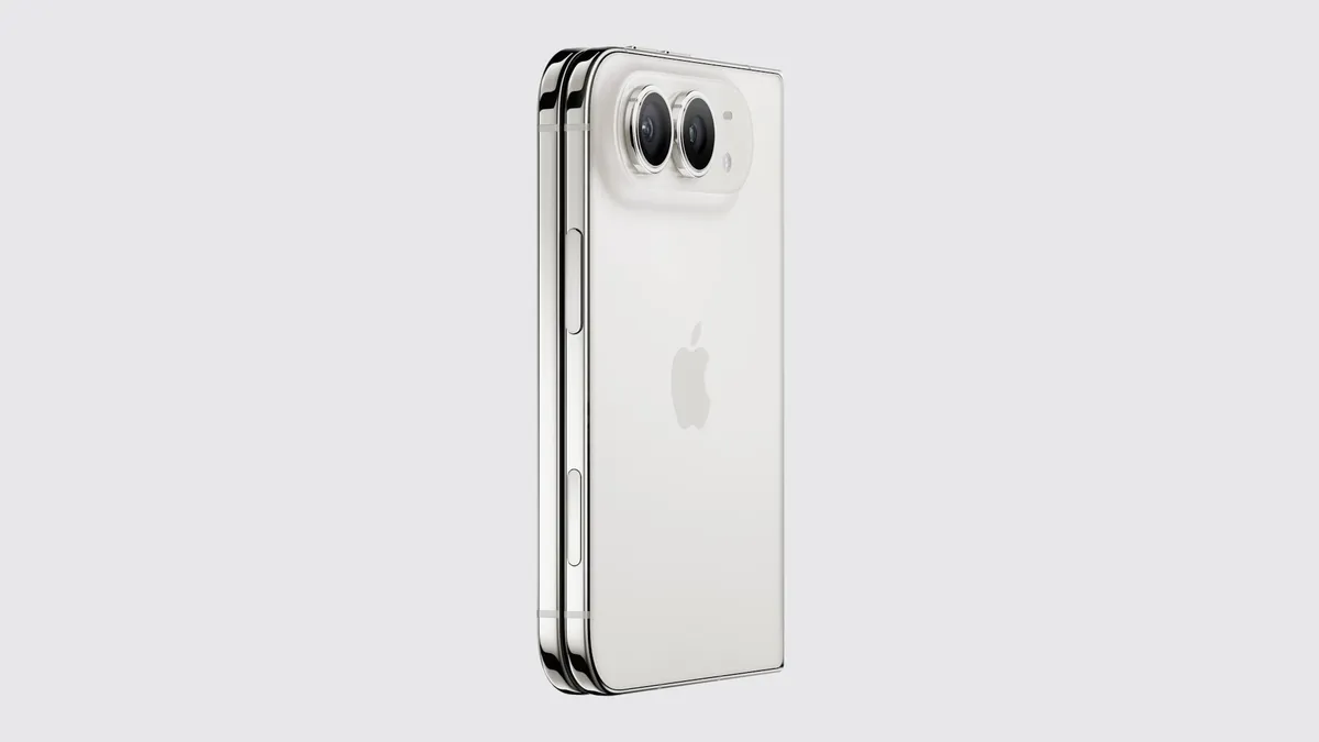 iPhone Duo closed, seen from the back in star white, showing its two rear cameras (48MP Main and 48MP Ultra Wide)