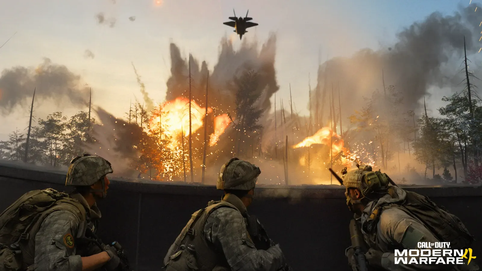 Three soldiers in helmets crouch behind a trench wall as explosions erupt in a burning forest and a fighter jet flies overhead, with the Call of Duty Modern Warfare 4 logo in the bottom-right corner
