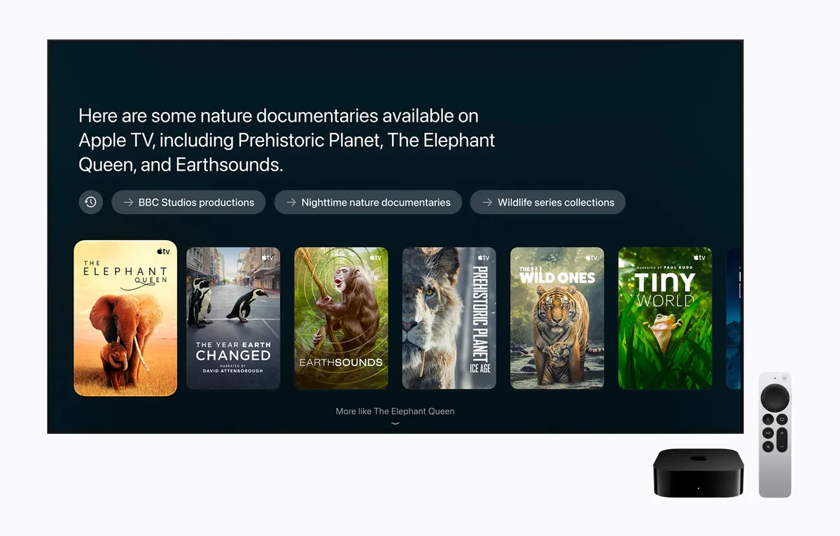 Apple TV 4K screen showing a full-screen Siri AI answer suggesting nature documentaries, including Prehistoric Planet, The Elephant Queen and Earthsounds