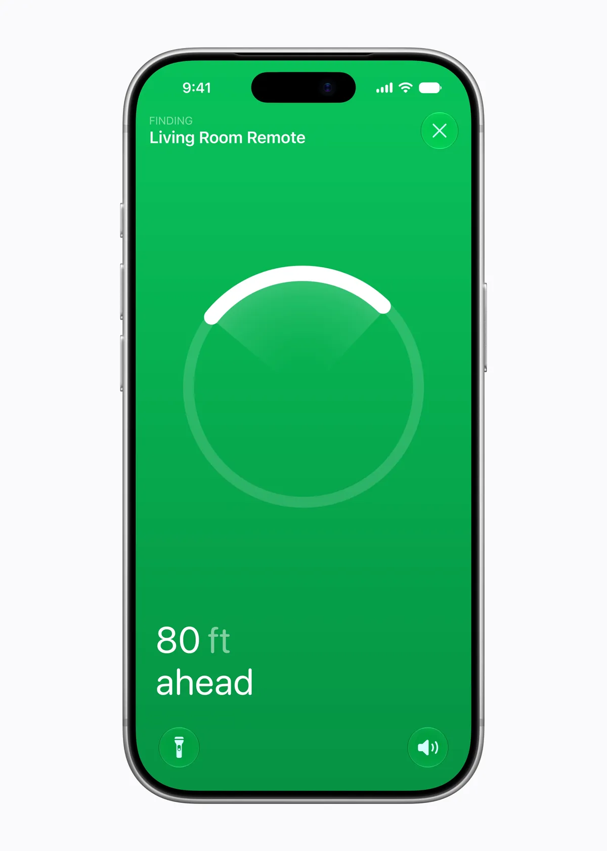 iPhone 18 Pro screen using Find My Precision Finding to locate a Siri Remote, showing '80 ft ahead'