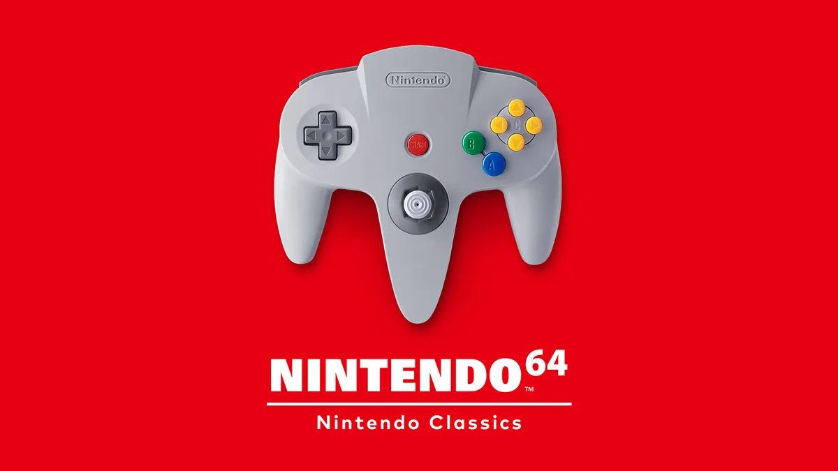 The Nintendo 64 – Nintendo Classics banner for Switch Online: a gray Nintendo 64 controller above the Nintendo 64 logo on a red background