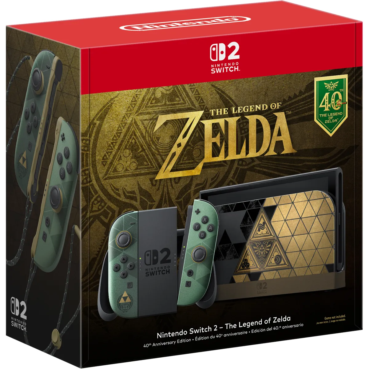 Box for the Nintendo Switch 2 The Legend of Zelda 40th Anniversary Edition, showing the green Joy-Con 2 and the gold Triforce-pattern dock
