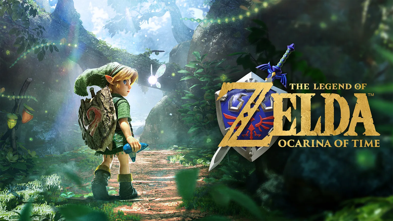 Key art for The Legend of Zelda: Ocarina of Time on Nintendo Switch 2: young Link with his shield walking through a sunlit forest, next to the game's logo