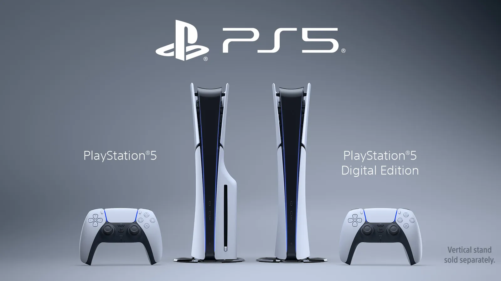 Sony's official image of the current PS5 lineup: the PS5 with its Ultra HD Blu-ray disc drive and slot on the left, and the discless PS5 Digital Edition on the right, each with a DualSense controller