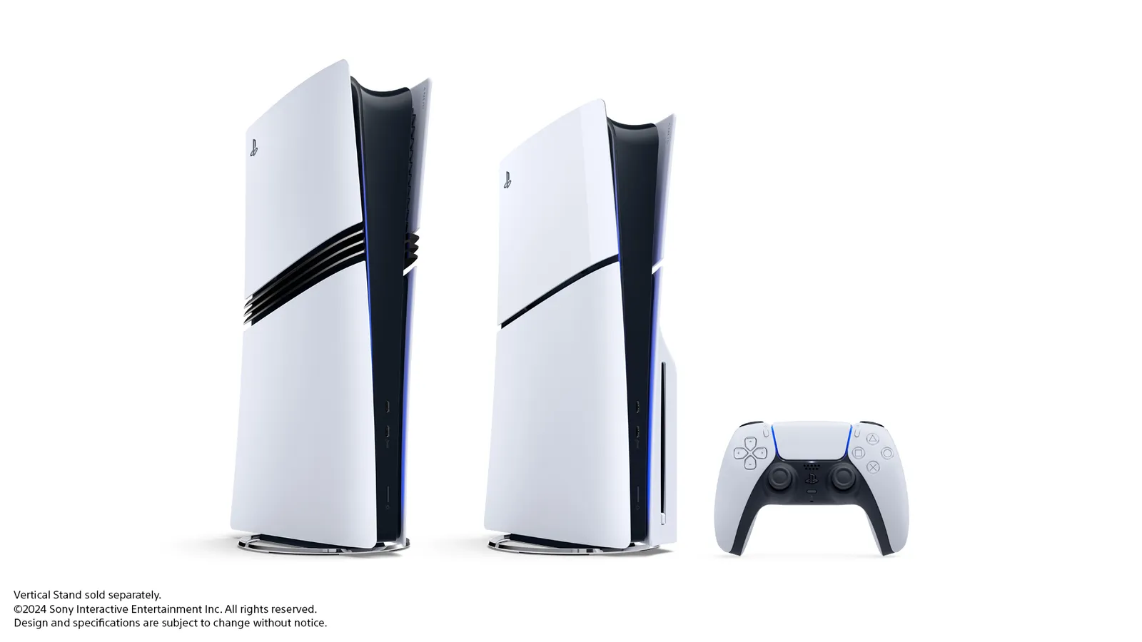 PlayStation 5 Pro standing next to the slimmer standard PS5 model with a DualSense controller, both upright on vertical stands