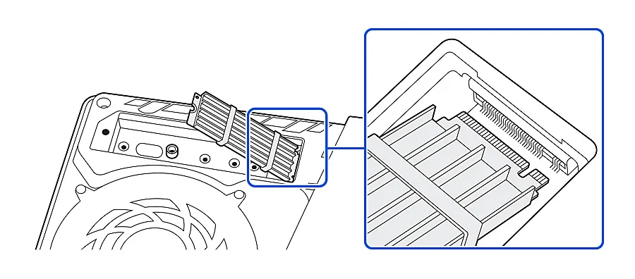 Sony diagram of the PS5 (slim model) expansion slot with an M.2 SSD being inserted at an angle, with an inset close-up of the connector