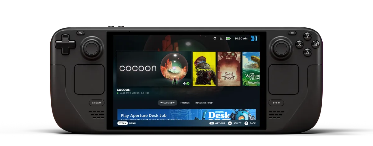 Valve's Steam Deck OLED from the front, its screen showing the Steam Deck home menu