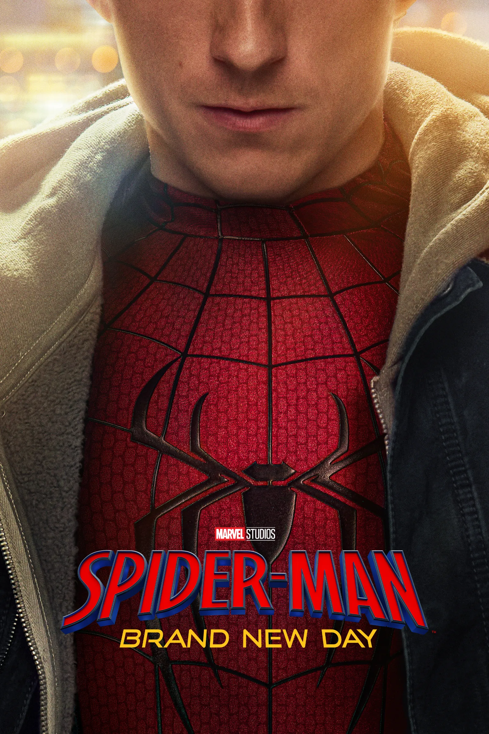 Theatrical poster for Spider-Man: Brand New Day: Peter Parker, face cropped just below the eyes, opening a jacket to show the red Spider-Man suit, above the film's title