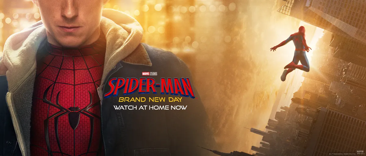 Home-release key art for Spider-Man: Brand New Day reading 'Watch at home now', with Peter Parker in his suit on the left and Spider-Man swinging between skyscrapers on the right