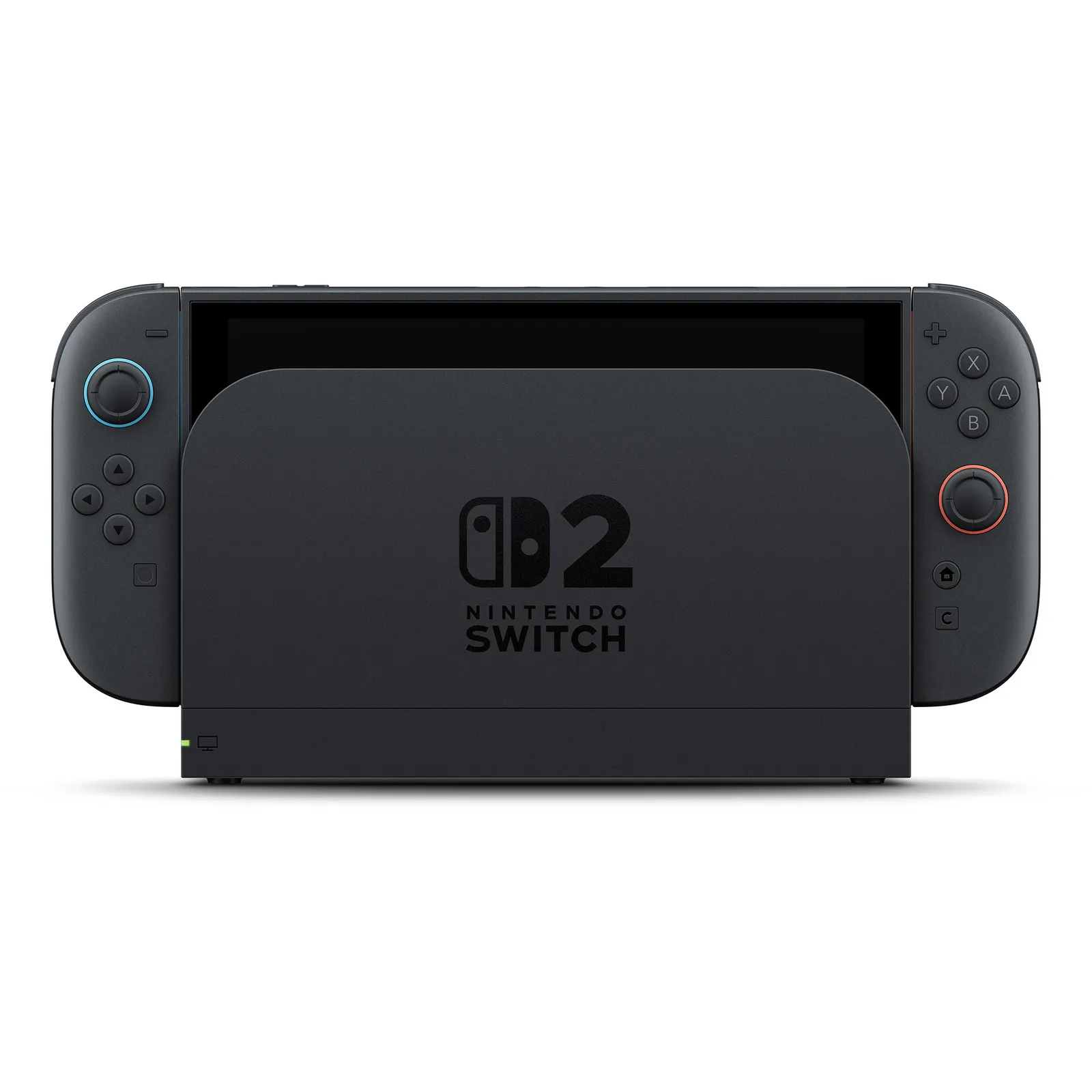 Nintendo Switch 2 in its dock, with dark gray Joy-Con 2 controllers attached that have light blue and light red accents around the sticks