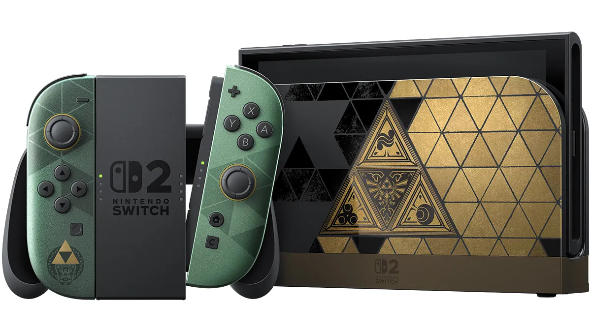 Nintendo Switch 2 The Legend of Zelda 40th Anniversary Edition: green Joy-Con 2 with gold Triforce details beside the black and gold Triforce-pattern dock