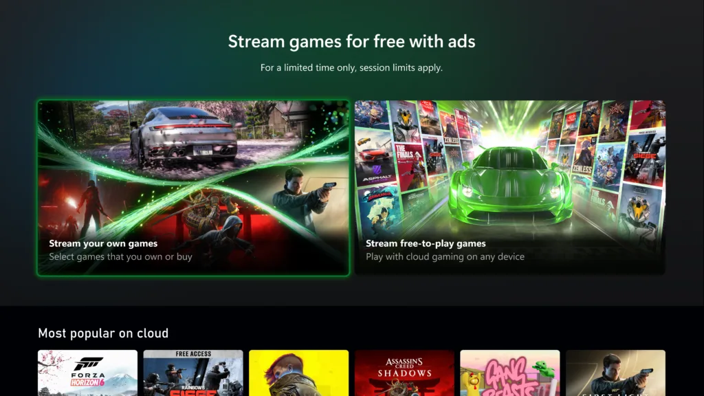 Xbox screen titled Stream games for free with ads, with tiles for streaming your own games and free-to-play games