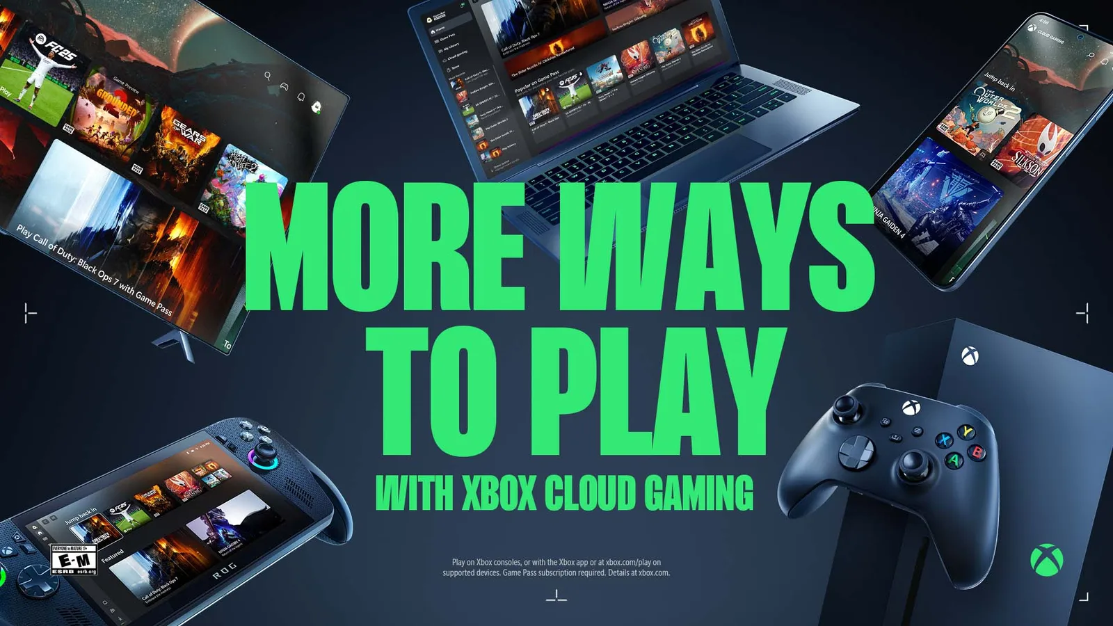 Xbox Cloud Gaming shown on a TV, laptop, phone, handheld PC and Xbox Series X with a controller, under the words More Ways to Play