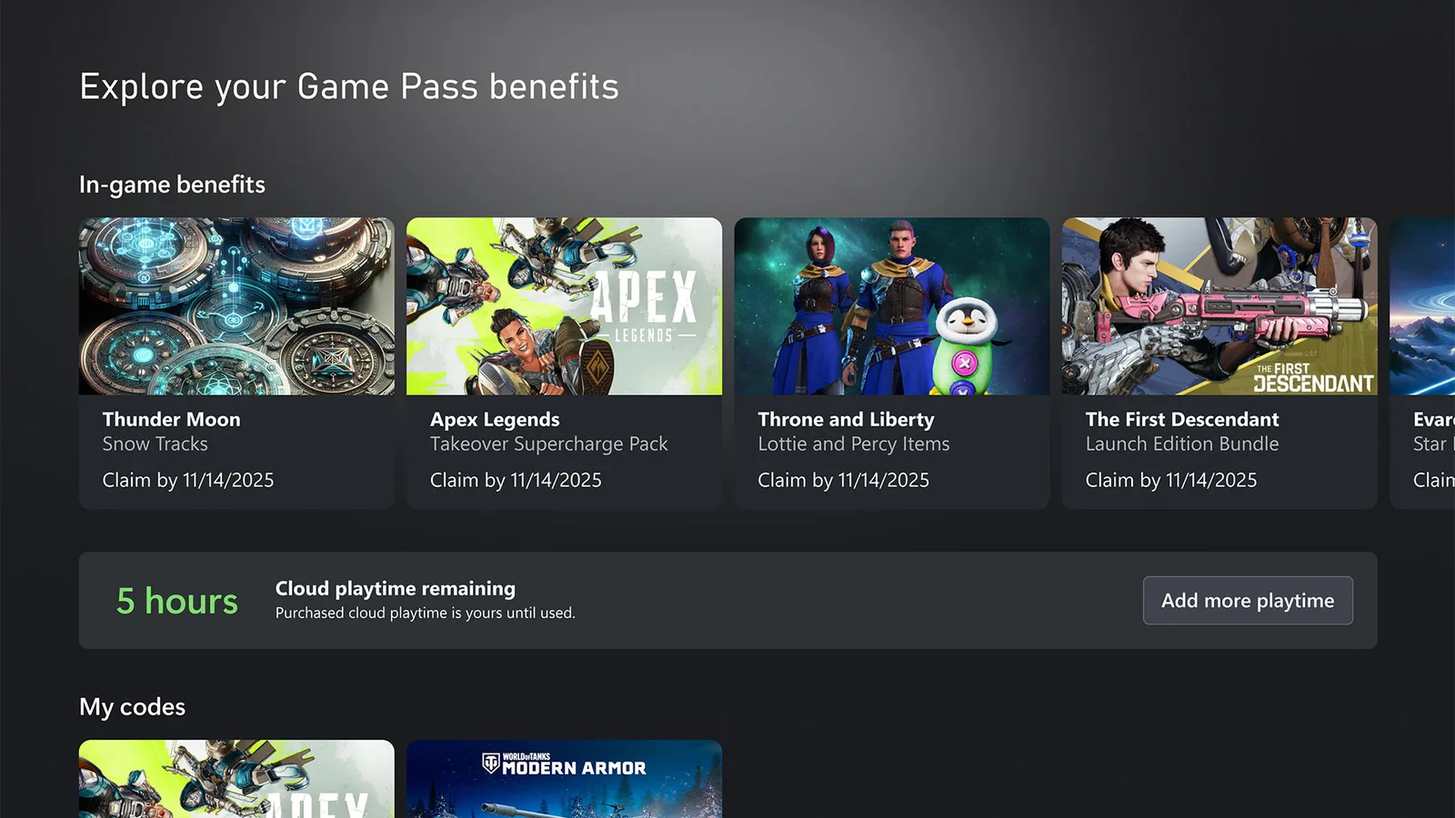 Xbox's announcement image of a Game Pass benefits screen showing 5 hours of cloud playtime remaining and an Add more playtime button