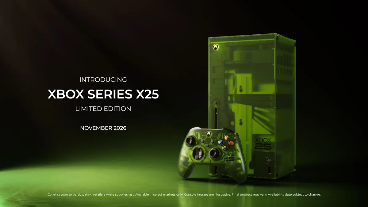 The translucent green Xbox Series X25 console standing upright next to its matching controller, with Microsoft's text 'Introducing Xbox Series X25 Limited Edition, November 2026'