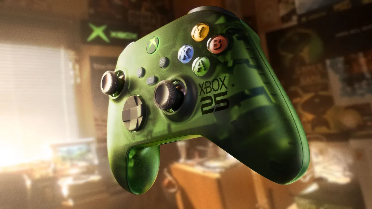 The translucent green Xbox Wireless Controller X25 Special Edition, marked 'Xbox 25', floating in front of a retro room